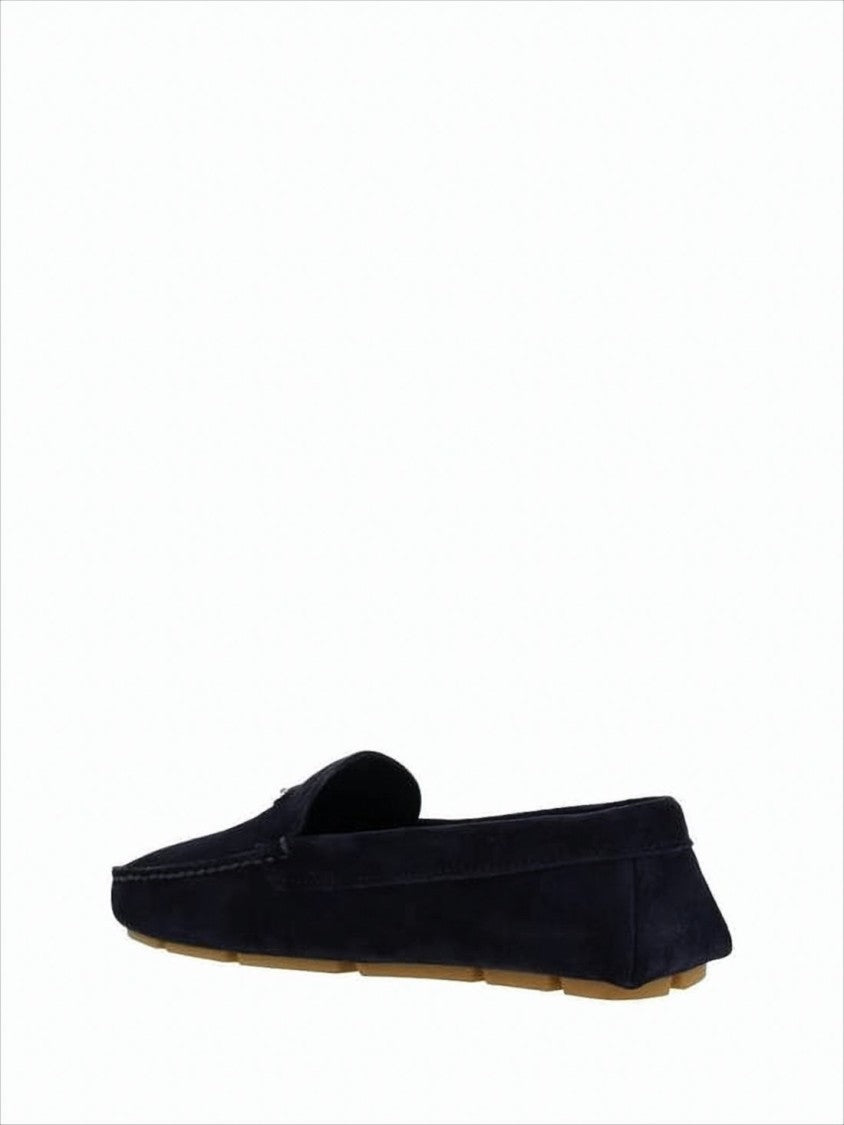 Prada Black Suede Loafers With Metallic Triangle Emblem By Prada