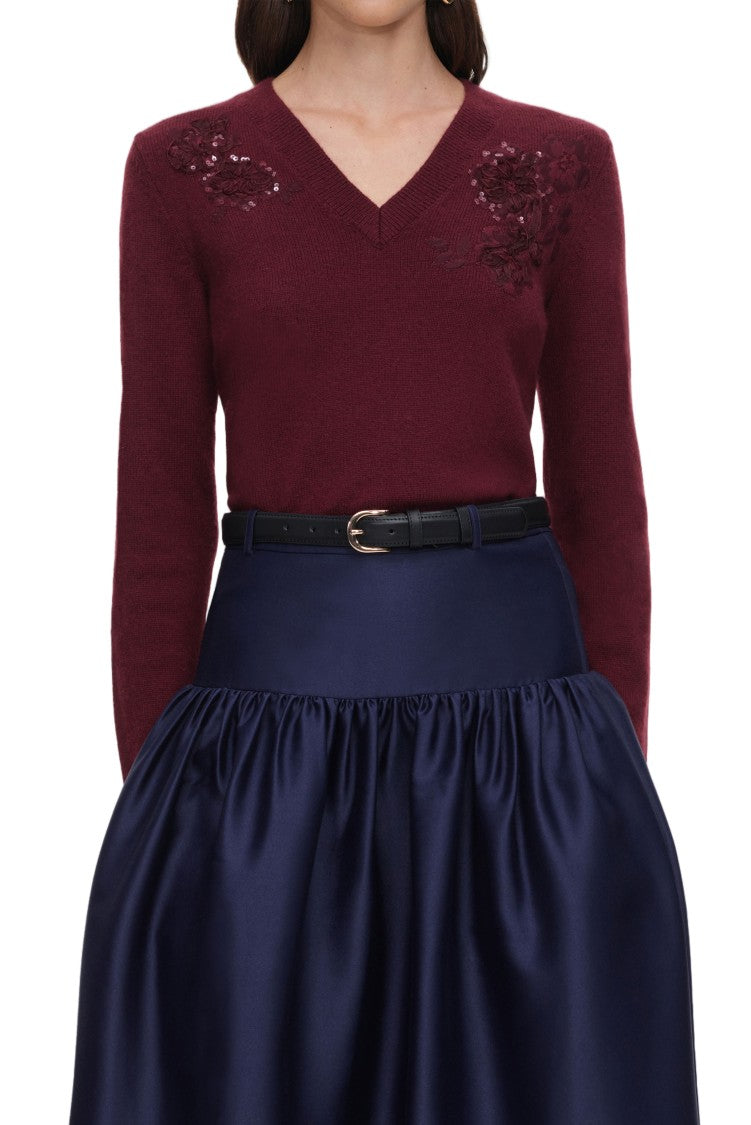 Self-Portrait Burgundy Knit Sweater With Deep V-Neckline And Floral Embellishments