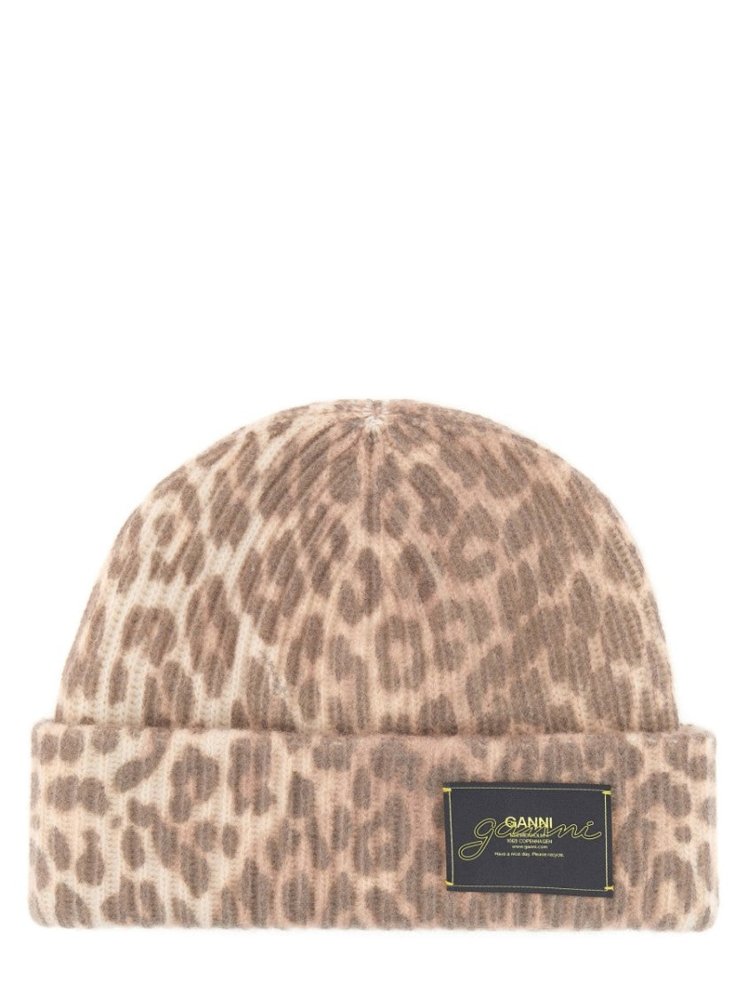 Ganni Leopard Pattern Wool Hat