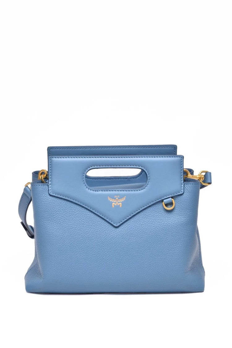 Mcm Light Blue Structured Leather Detachable Strap Shoulder Bag