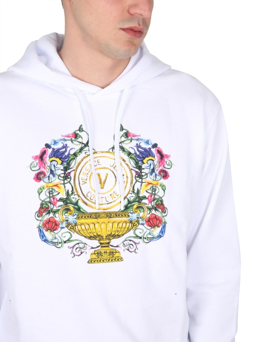 Versace Jeans Couture Drawstring Hooded Sweatshirt With Floral Logo Print