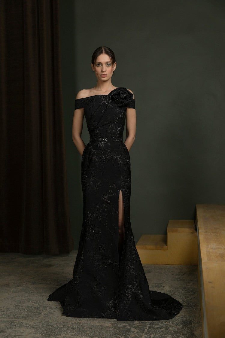Saiid Kobeisy Long Brocade Dress With A Thin Belt