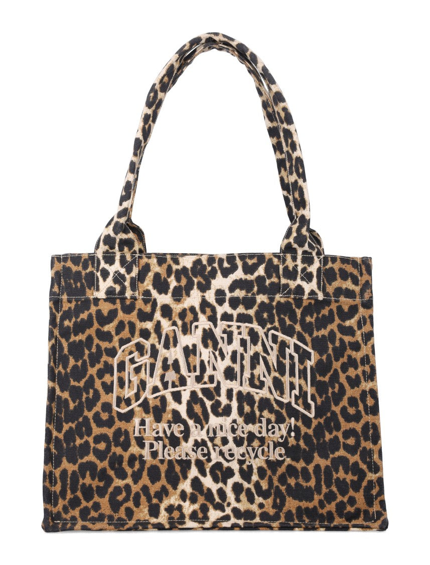 Ganni Leopard Large Canvas Tote