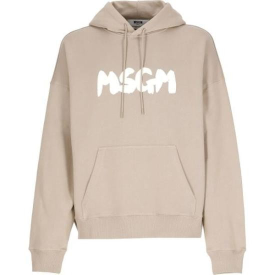 Msgm Neutrals Cotton Hoodie With Graphic Logo And Kangaroo Pocket