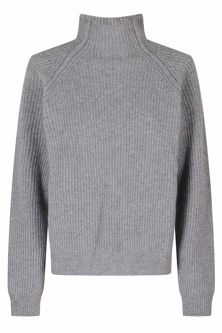 Federica Tosi Light Gray High Neck Ribbed Trim Wool-Blend Turtleneck