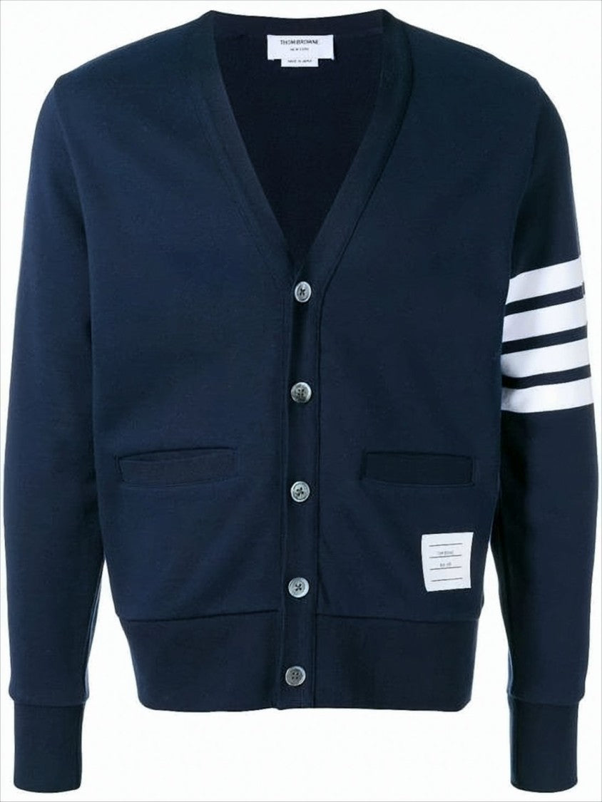 Thom Browne Cropped Blue Cardigan With Deep V-Neck And Signature Stripes