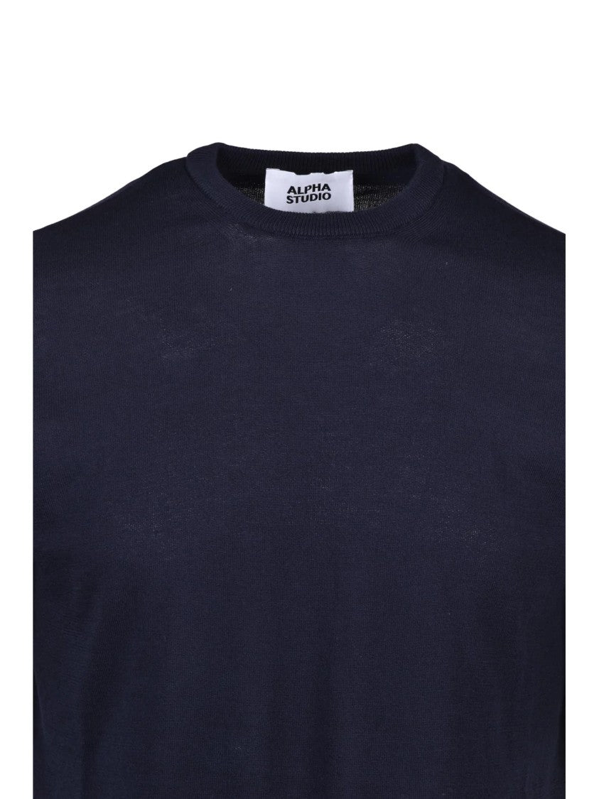 Alpha Studio Navy Blue Cotton Crewneck Top