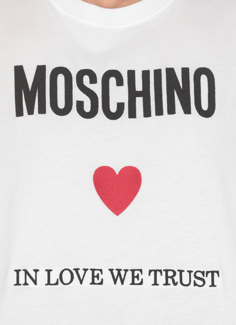 Moschino Crew Neck White Cotton T-Shirt Lettering