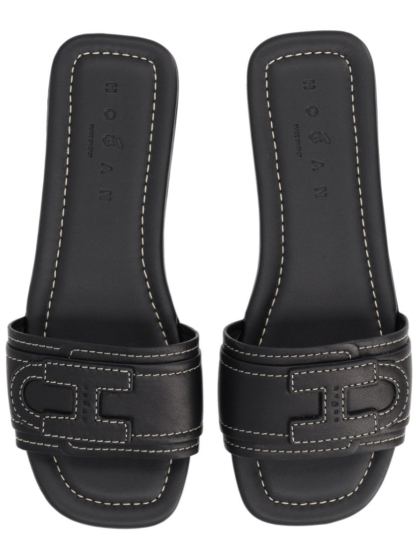 Hogan Neutrals Flat Cut-Out Slide Sandals