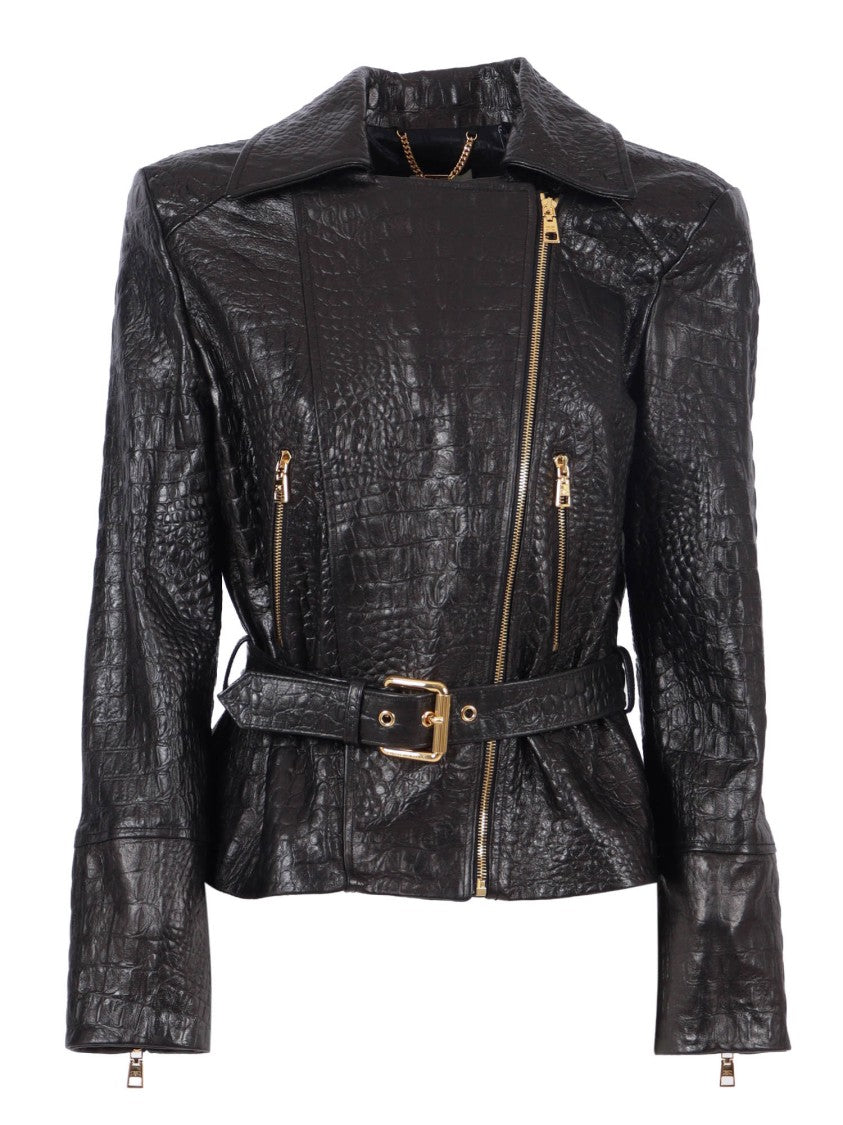 Elisabetta Franchi Textured Sheepskin Leather Jacket With Asymmetrical Zipper