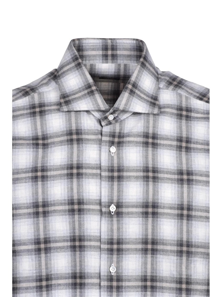 Barba Napoli White/Grey Plaid Cotton Flannel Shirt