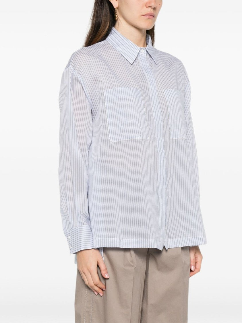 Peserico Light Blue Vertical Pinstripe Shirt With Chest Pockets