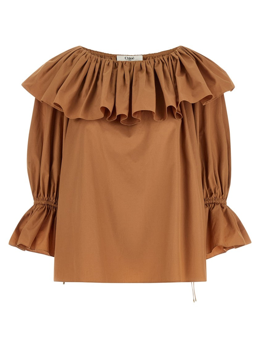Chloé Flared Cotton Poplin Blouse With Ruffle Details