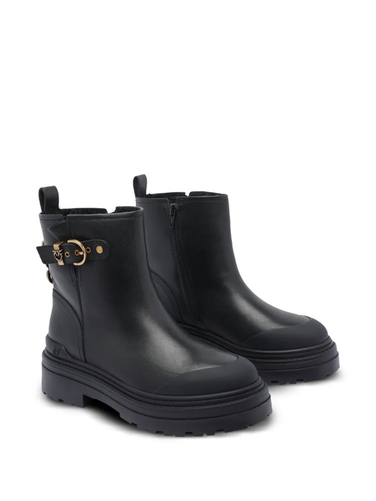 Pinko Black Mia 21 Decorative Strap Calf Leather Ankle Boots