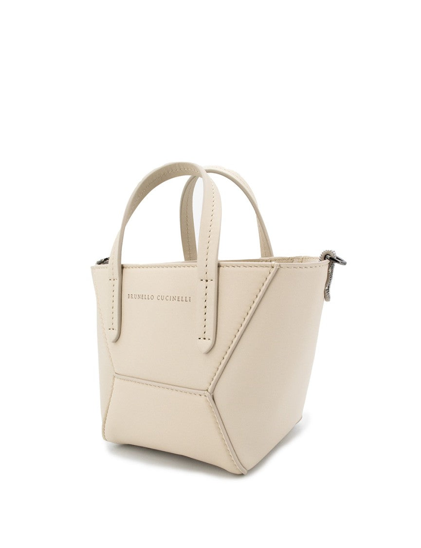 Brunello Cucinelli Ivory Leather Shoulder Bag With Jewel Embroideries