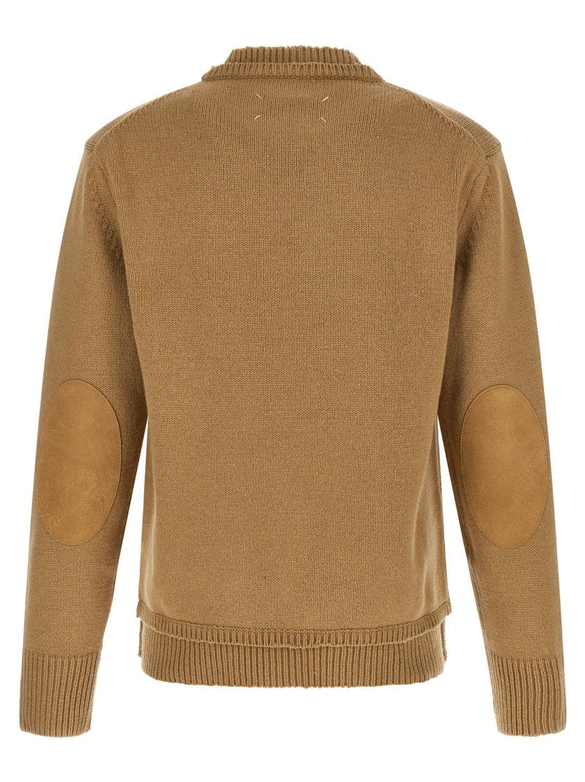 Maison Margiela Thick Knit Wool Sweater With Suede Patches And Destroyed Details