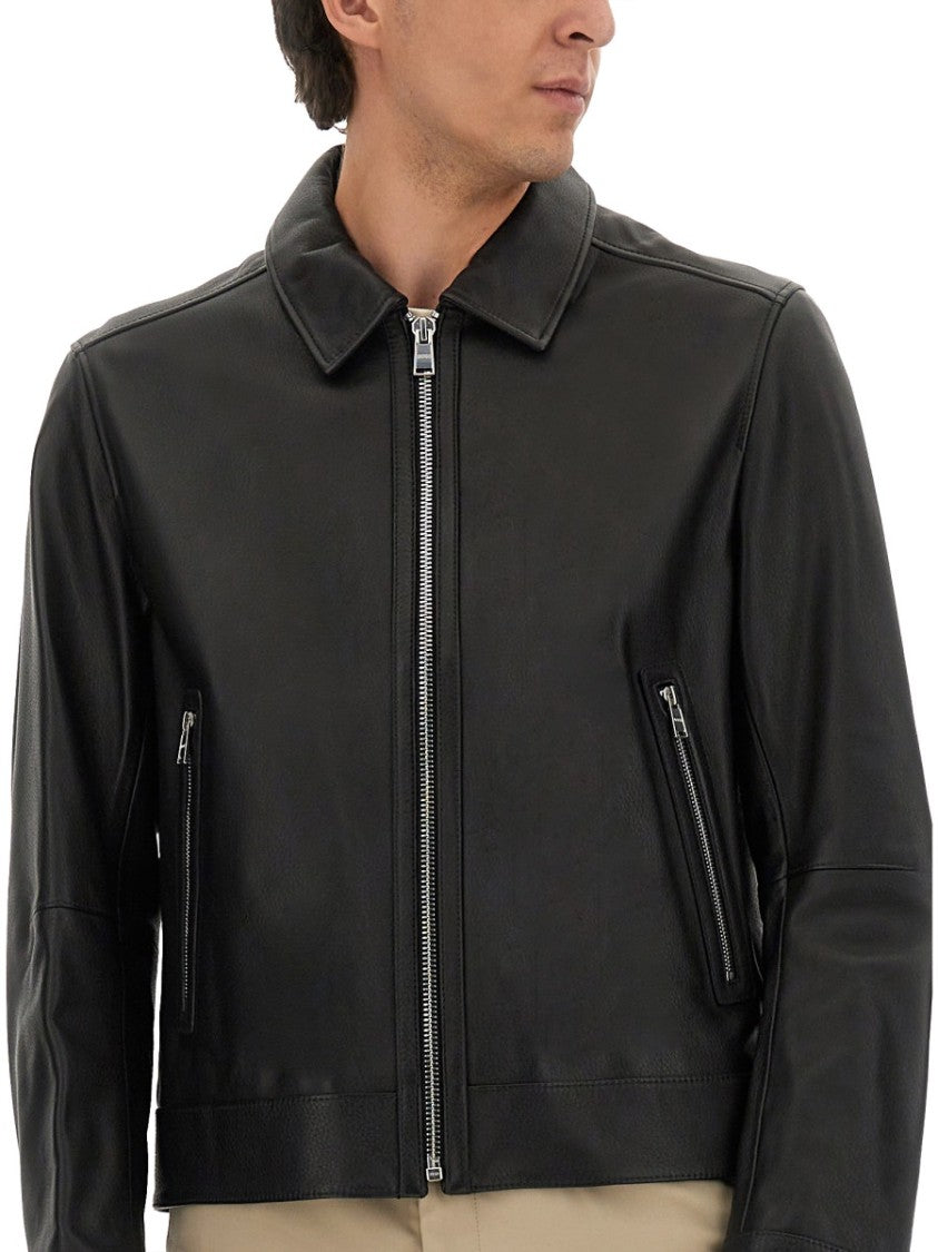 Boss Tailored Black Leather Jacket With Classic Collar And Zip Closure