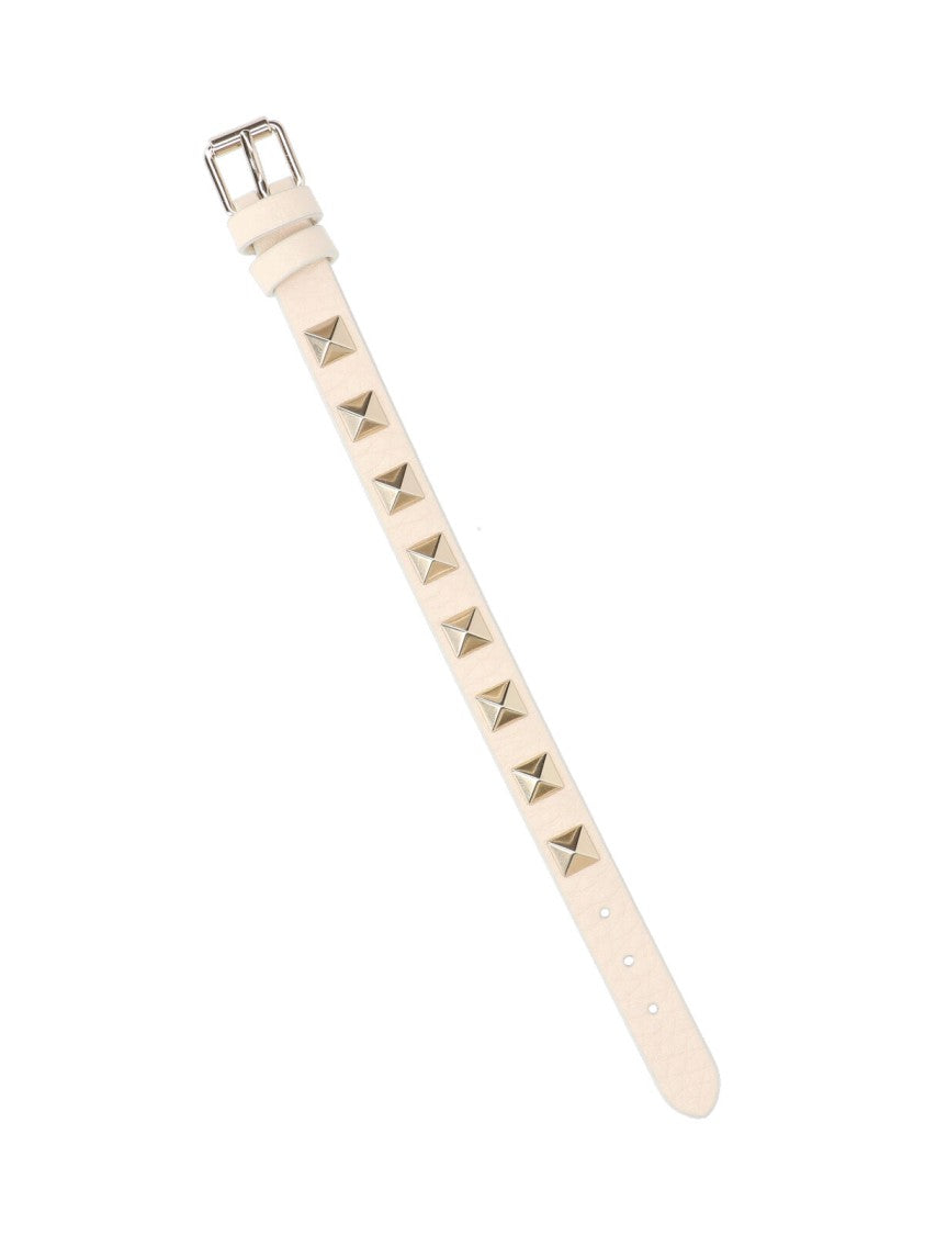 Valentino Garavani Pyramid-Studded White Leather Bracelet