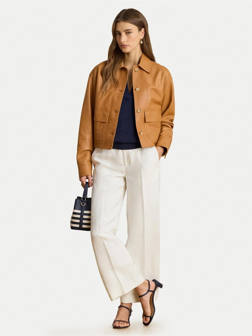 Lauren Ralph Lauren White Sendon Cropped Pleated Linen Trousers