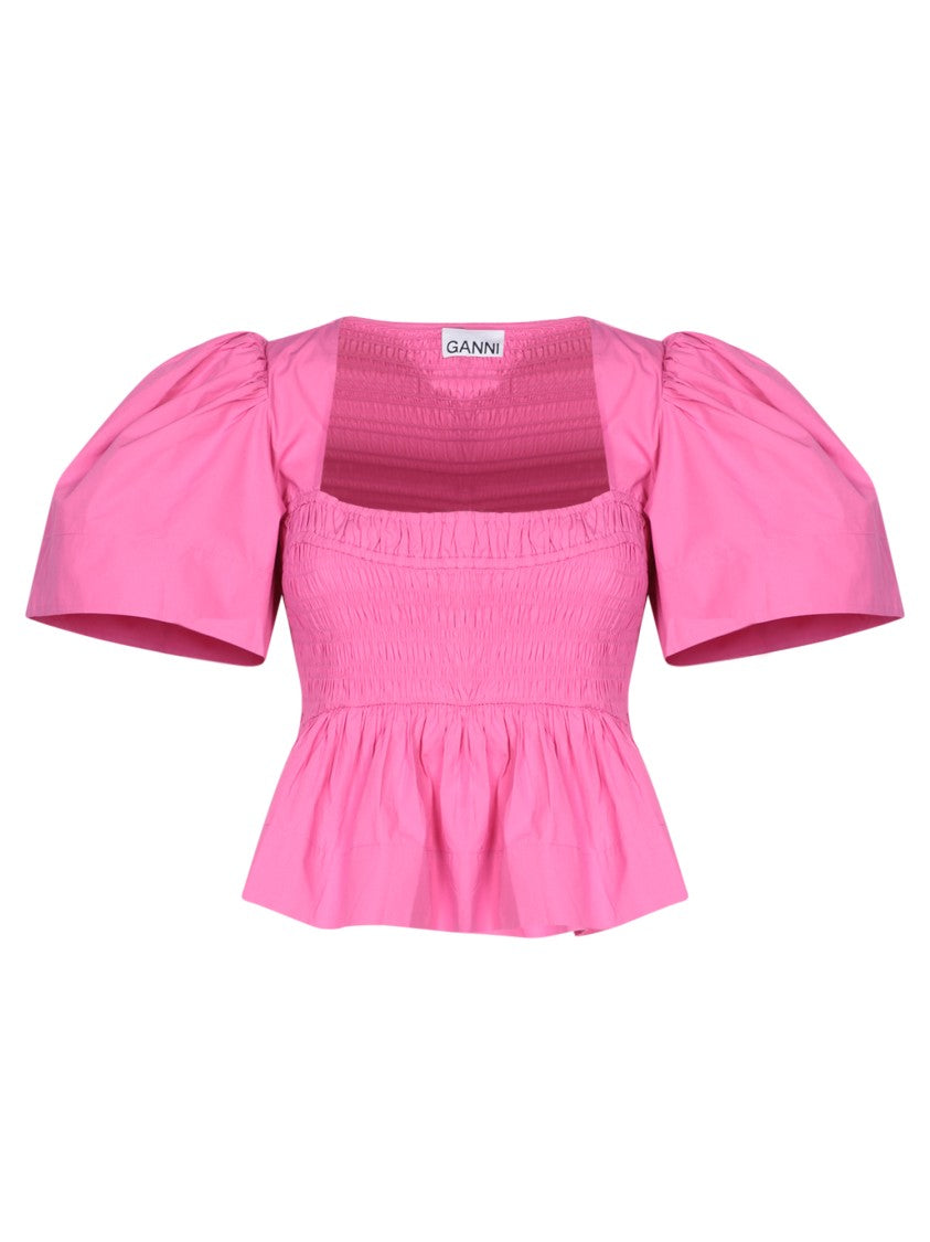 Ganni Smocked Peplum T-Shirt With Statement Puff Sleeves