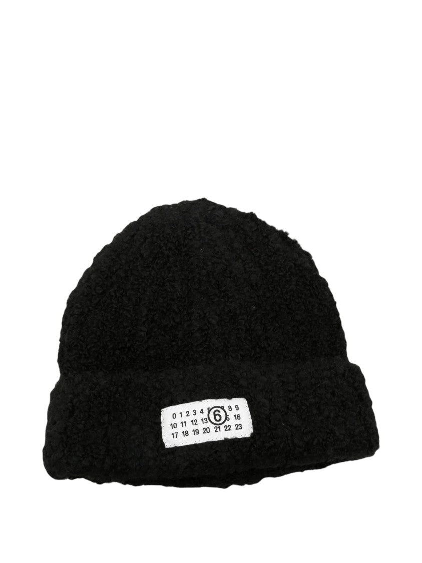 Mm6 By Maison Margiela Textured Black Beanie Hat With Distinctive Logo Patch