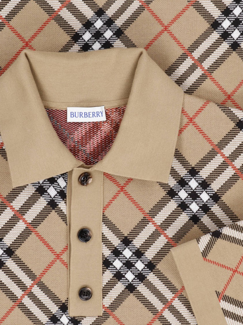 Burberry Beige Cotton Polo Shirt With Classic Check Pattern
