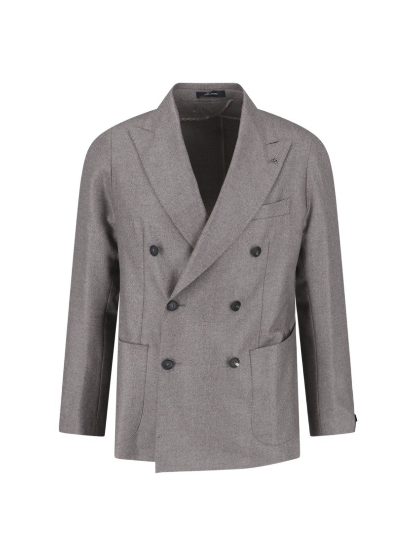 Tagliatore Taupe Virgin Wool Double-Breasted Blazer With Peak Lapel