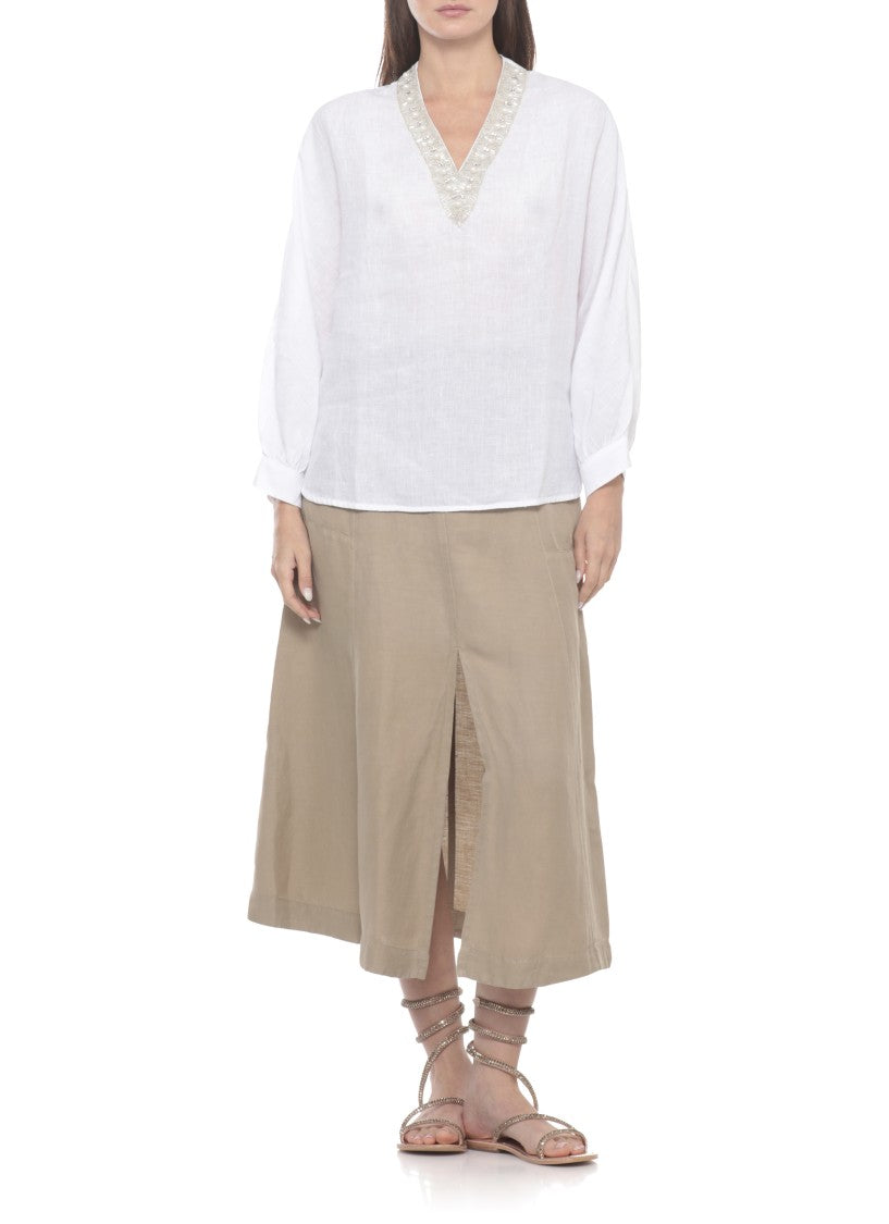 120% Lino Beige Linen Midi Skirt With Flared Silhouette And Detailed Seams