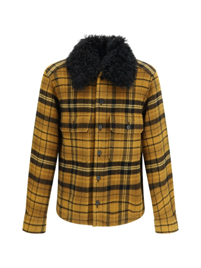 Fendi Yellow Black Plaid Shearling Collar Jacket