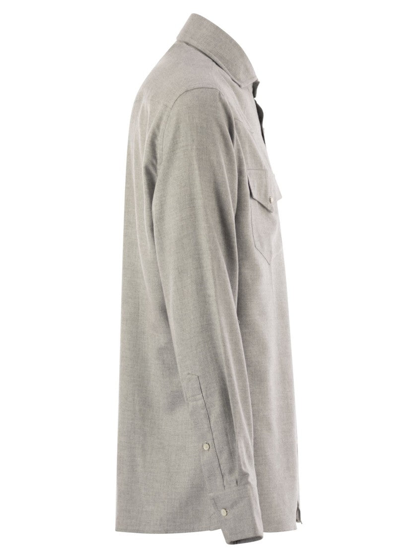 Brunello Cucinelli Stretch Cotton Chevron Flannel Easy Fit Shirt