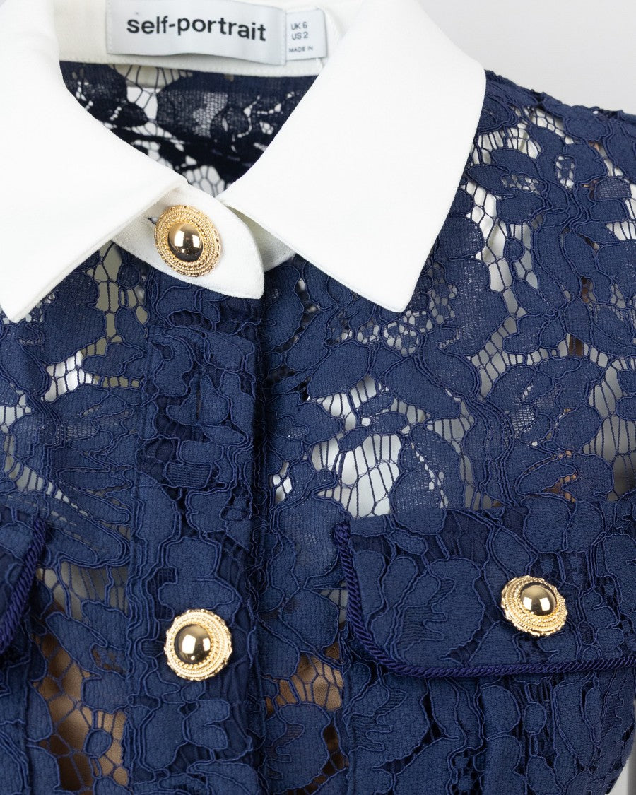 Self-Portrait Navy Lace Midi Dress With Contrast Collar