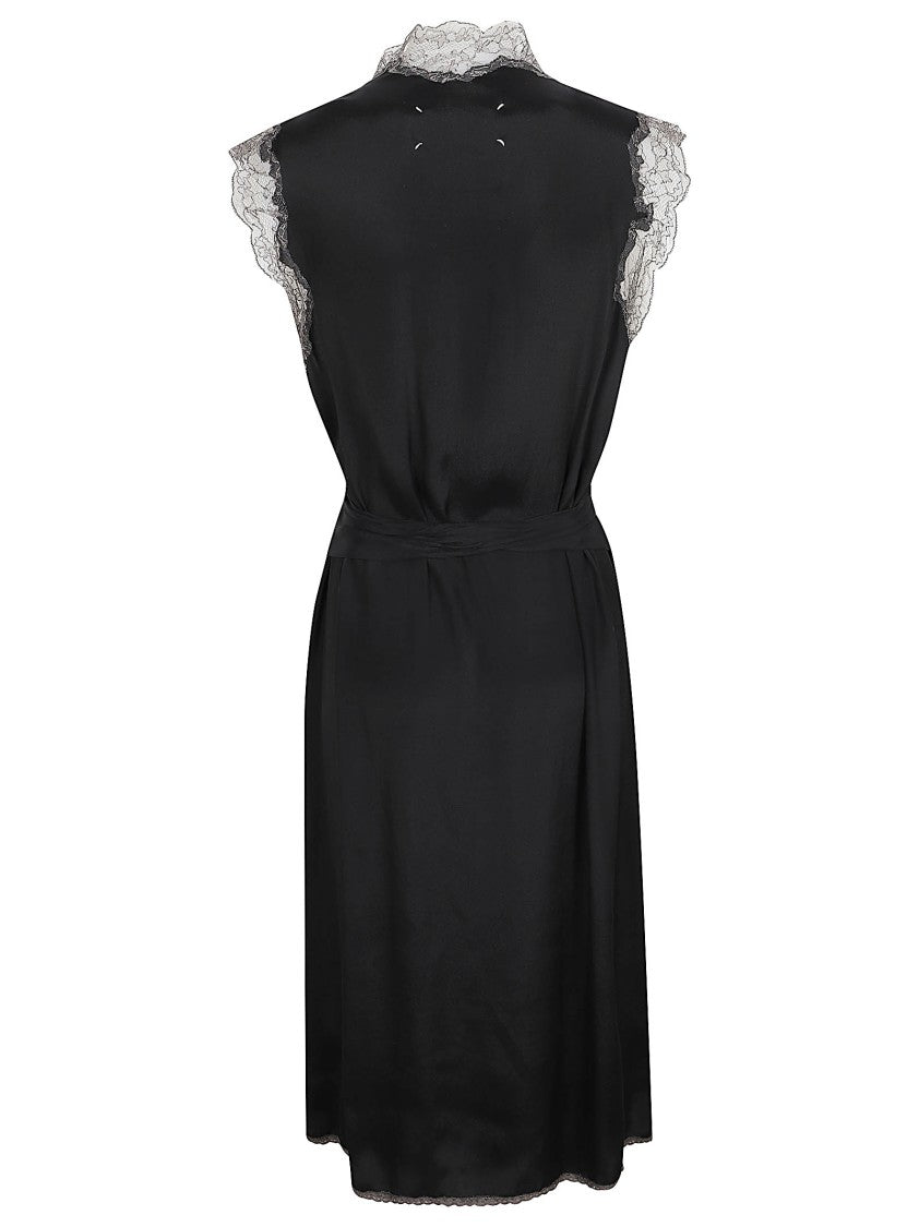 Maison Margiela Flowing Black Dress With Lace Trim And Belted Waist