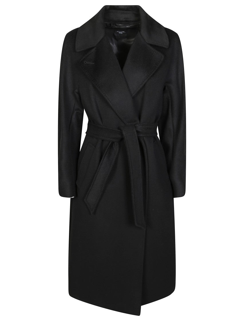 Max Mara Black Belted Long Coat With Notched Collar And Smooth Finish