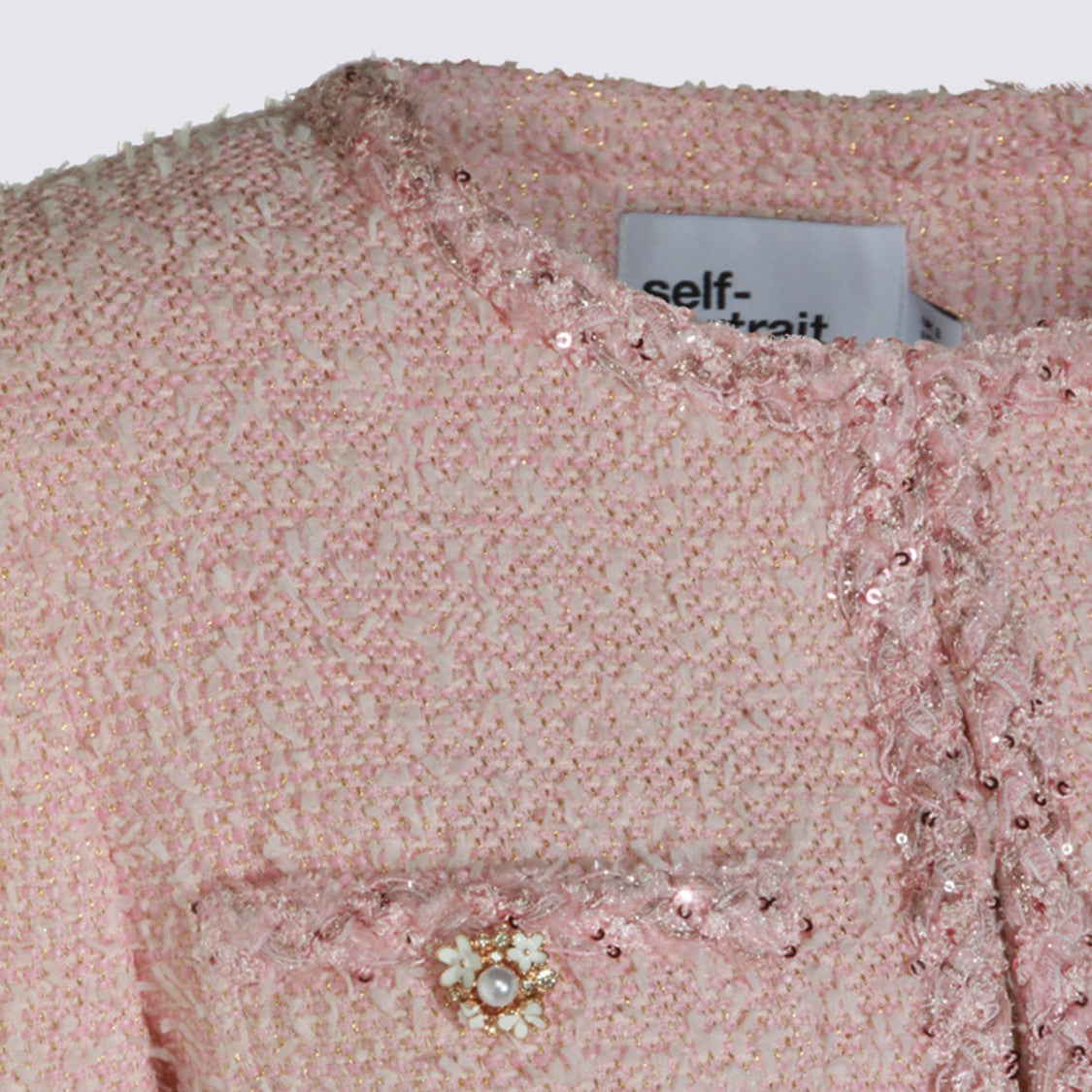 Self-Portrait Textured Cropped Jacket With Pearl And Gold-Tone Accents