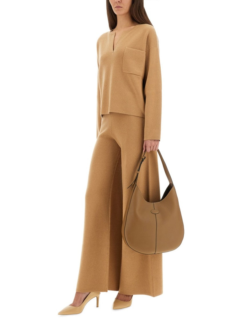 Max Mara Relaxed Fit Brown Knit Sweater With V-Notch Neckline