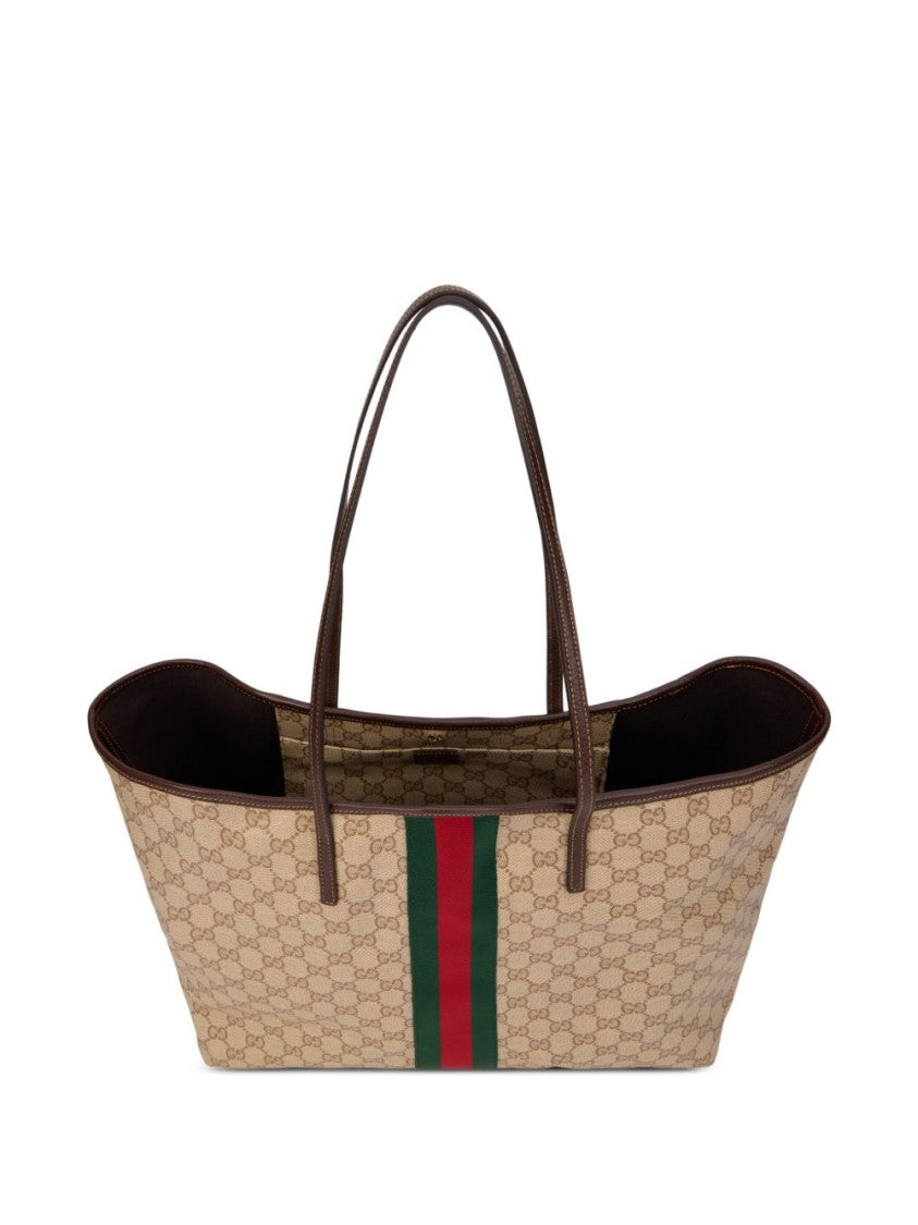Gucci Beige Monogram Web Stripe Large Canvas Tote Bag