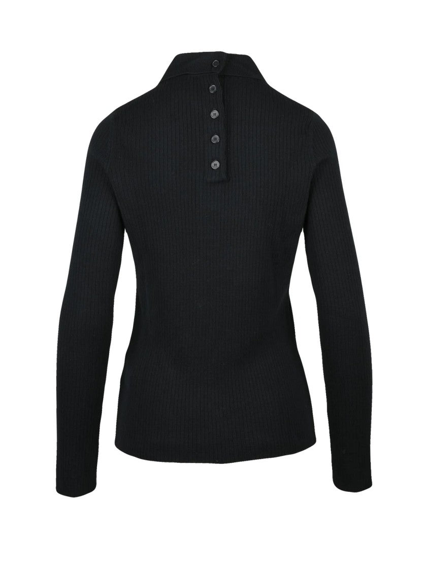 Courrèges Black Knit Polo Shirt With Ribbed Texture And Fitted Silhouette