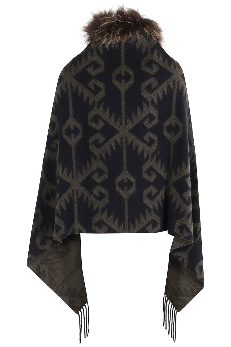 Bazar Deluxe Geometric Patterned Poncho With Eco Fur Accents
