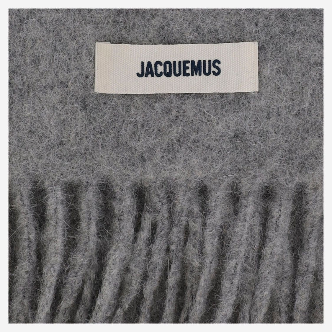 Jacquemus Heathered Grey Long Scarf With Fringed Ends And Label