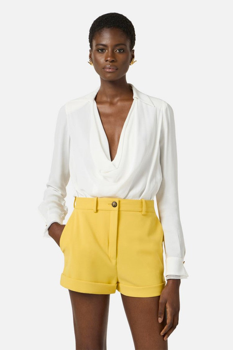 Elisabetta Franchi Ivory Draped Cowl Neck Gold Cuff Buttons Viscose Bodysuit