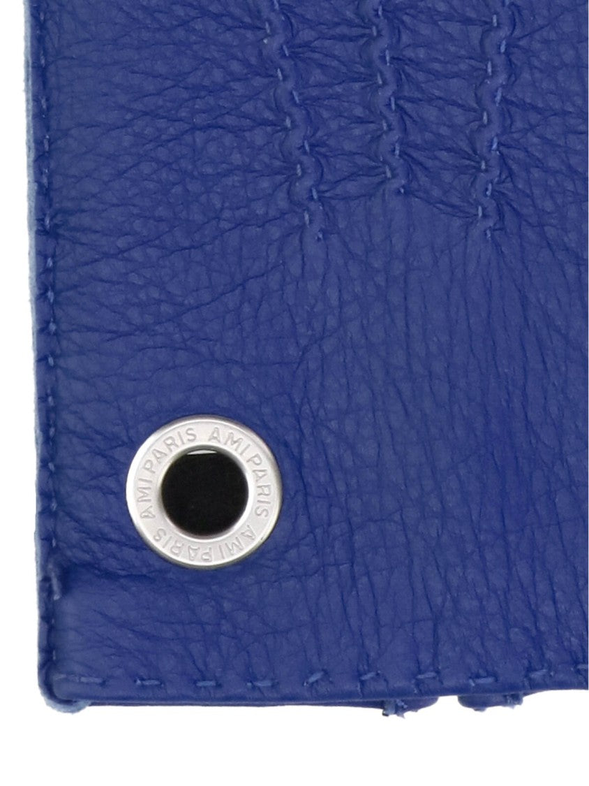Ami Paris Blue Textured Leather Silver Ring Gloves