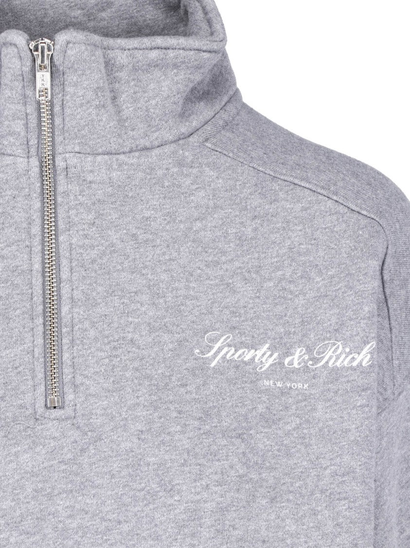 Sporty And Rich Grey High Collar Zip Cotton-Blend Sweatshirt