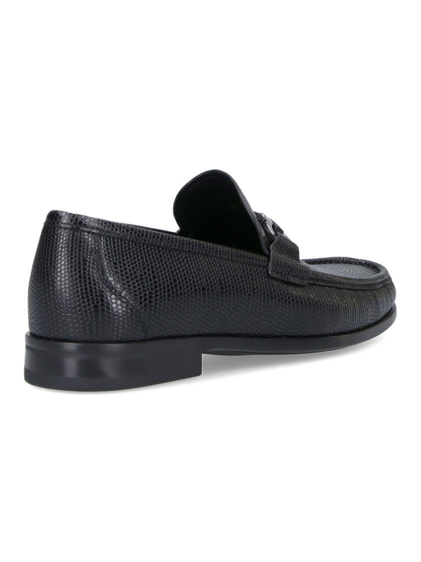 Ferragamo Textured Black Leather Loafers With Metallic Bit Detail
