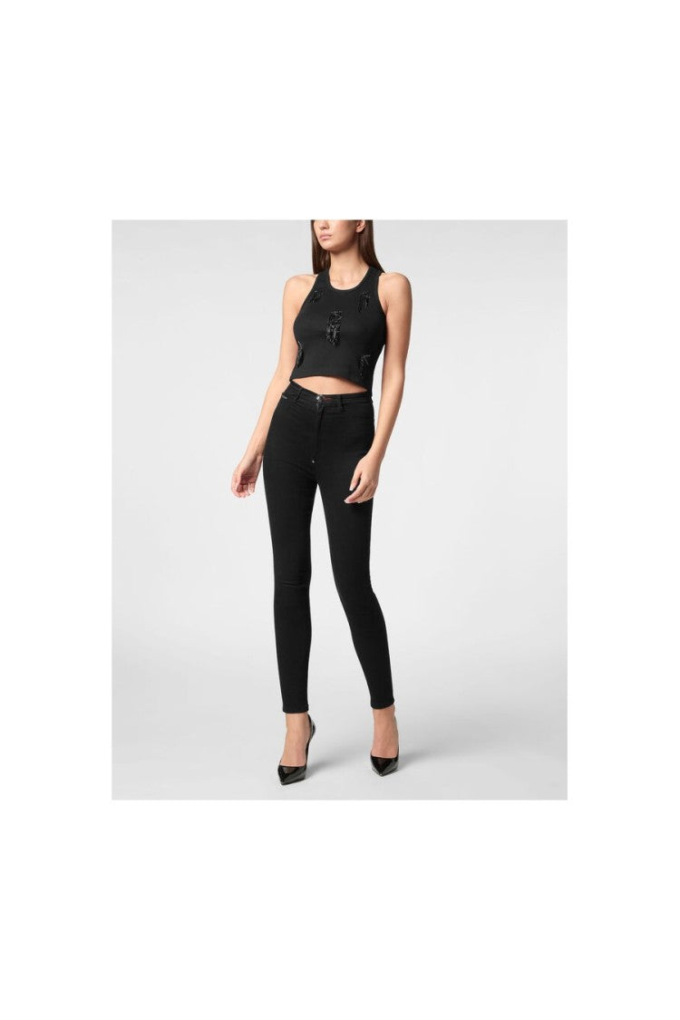 Philipp Plein Black Ribbed Beaded-Fringe Tank