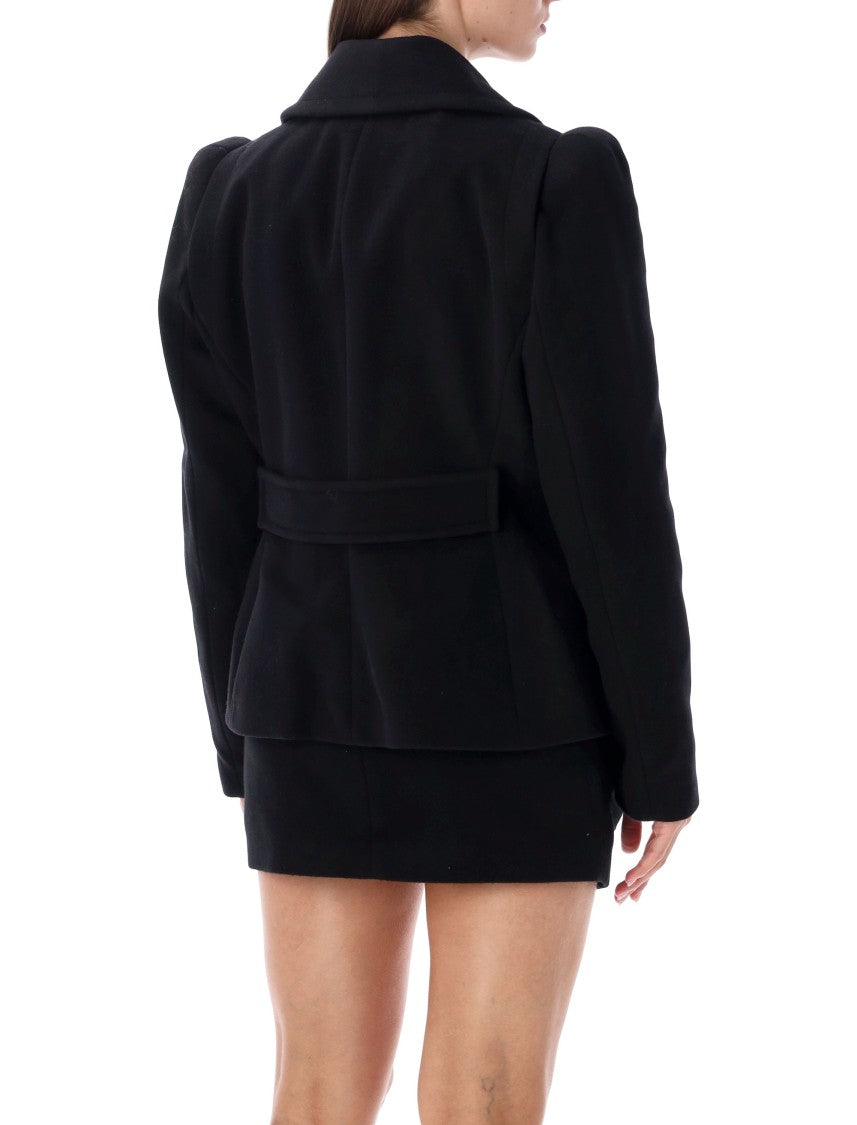 7 For All Mankind Black Mini Coat Double Breasted High Shoulder Mini Coat
