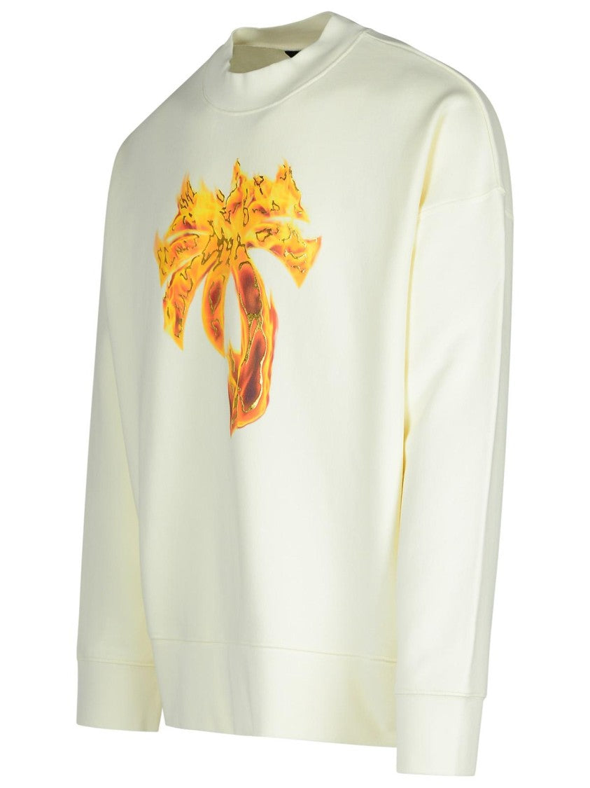 Palm Angels Burning Palm' Cream Cotton Sweatshirt