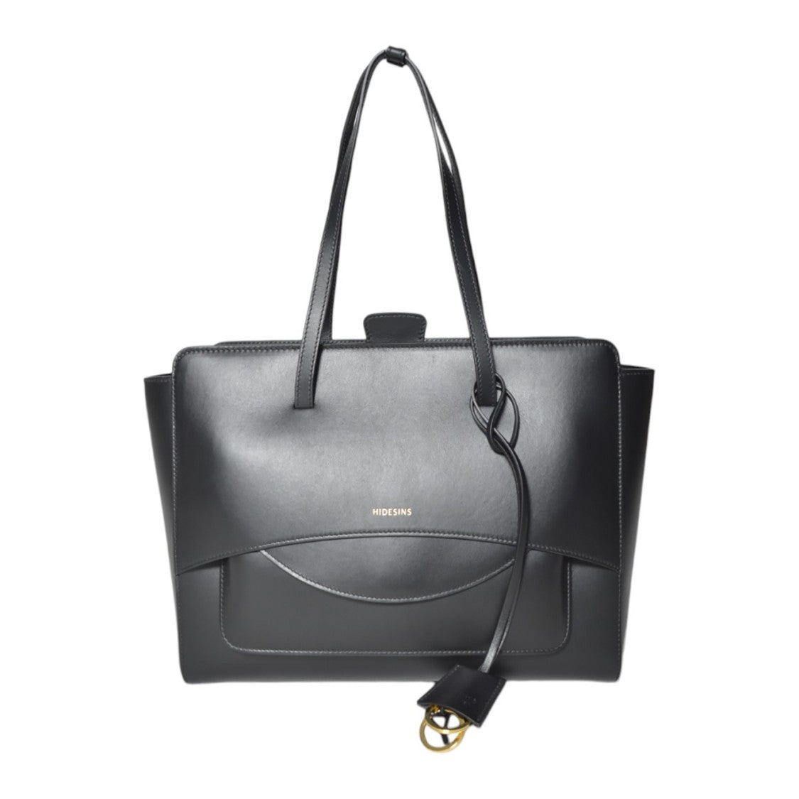 Hidesins Structured Black Leather Tote With Flap Closure