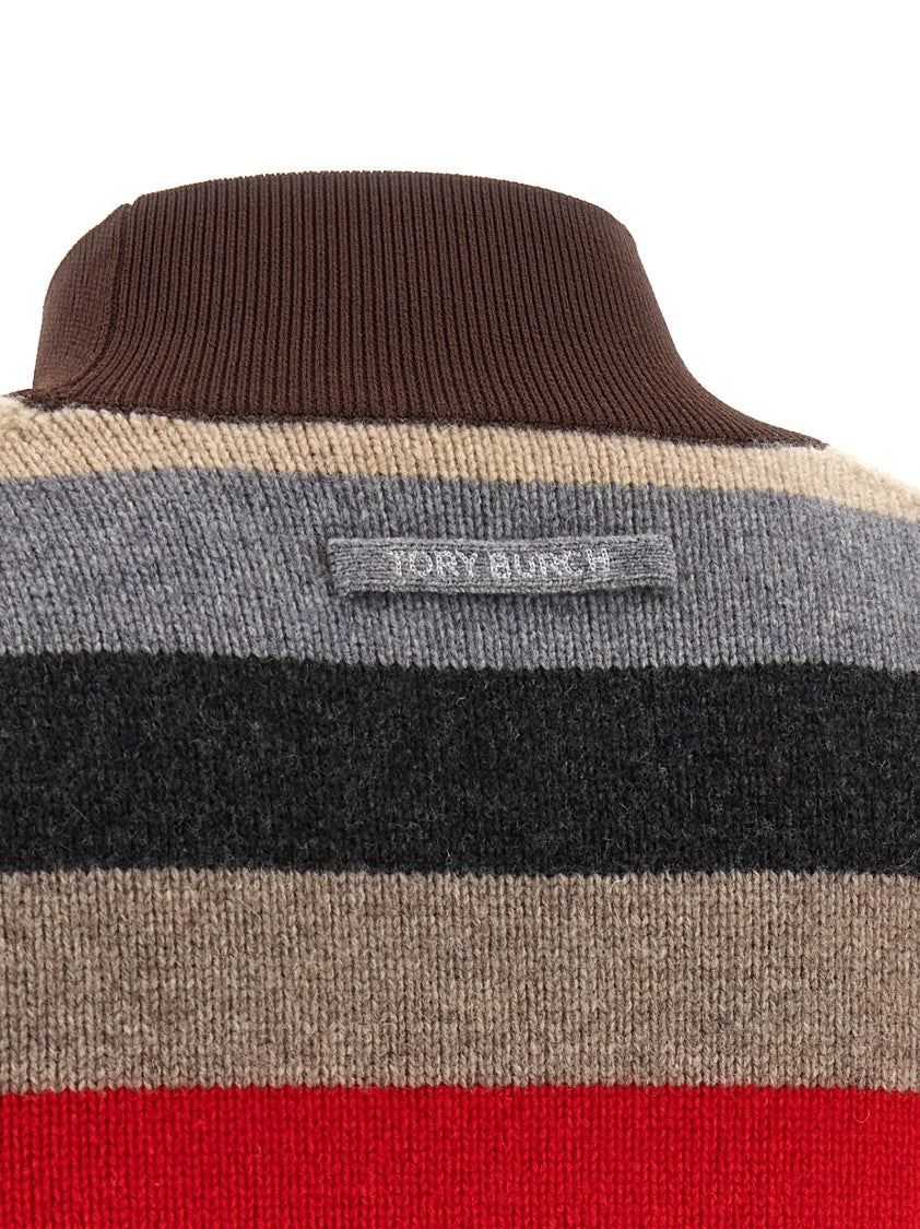 Tory Burch Horizontal Stripe Wool Sweater With High Neck