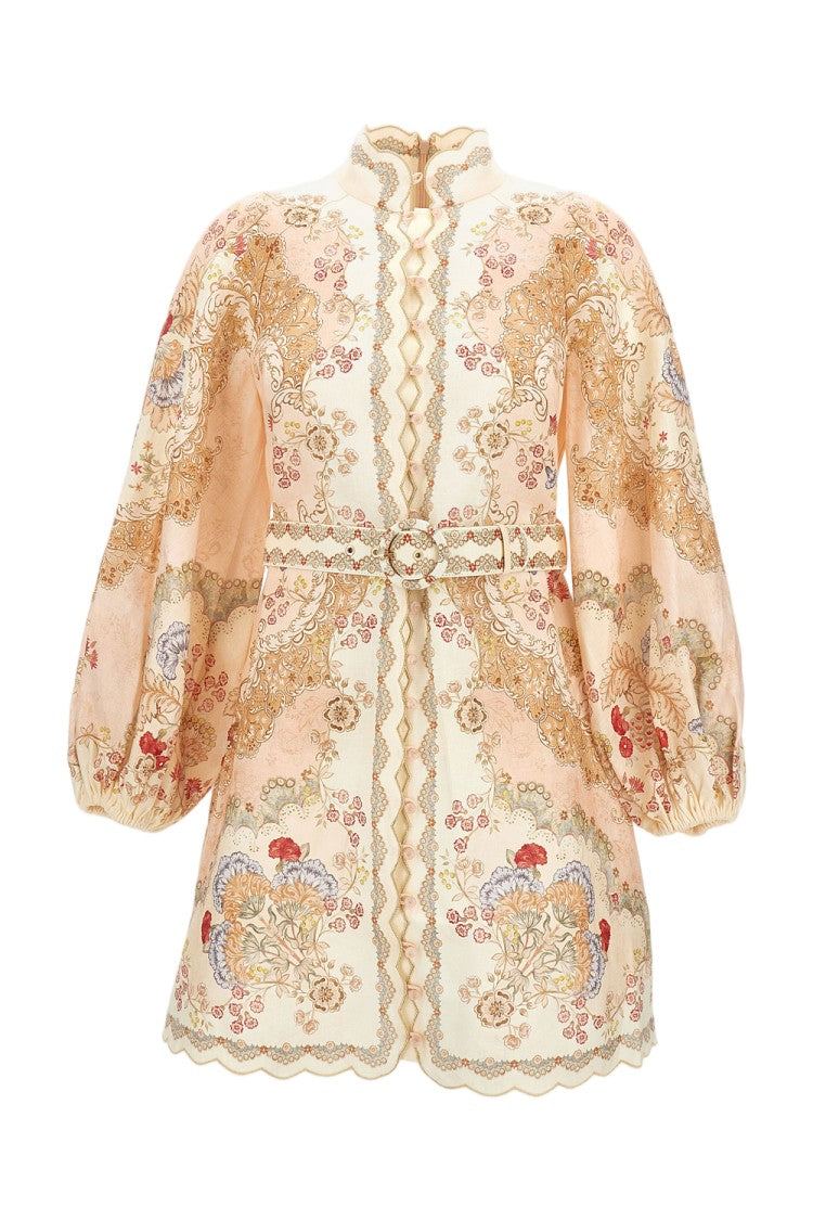 Zimmermann Linen Mini Dress With Floral Print And Scalloped Edges