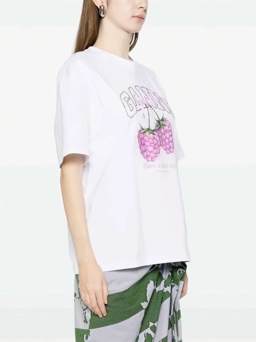 Ganni Relaxed Fit White T-Shirt With Raspberries Graphic